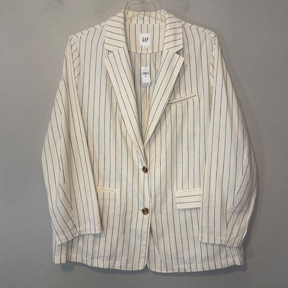 GAP Womens XXL Linen Blend Pinstripe Blazer Chalk White Navy 875567-00 NWT